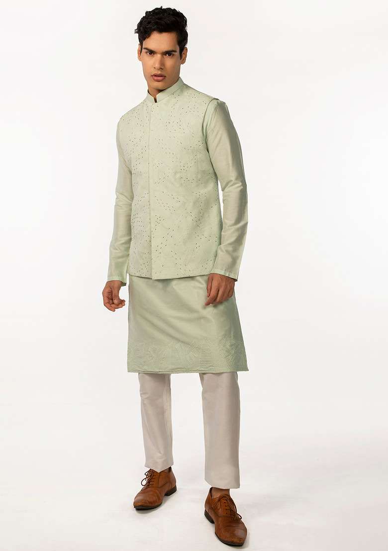 Green Embroidered Bundi Jacket And Kurta Set For Men - Indya