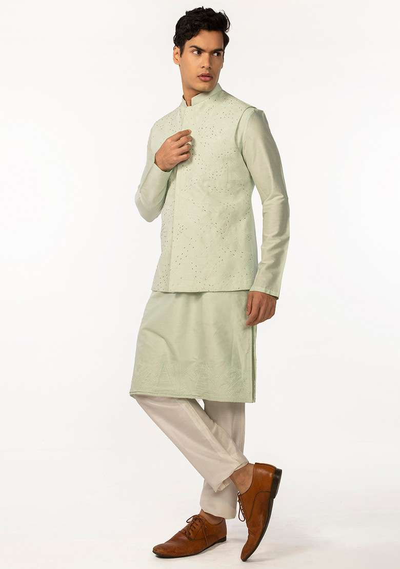 Green Embroidered Bundi Jacket And Kurta Set For Men - Indya