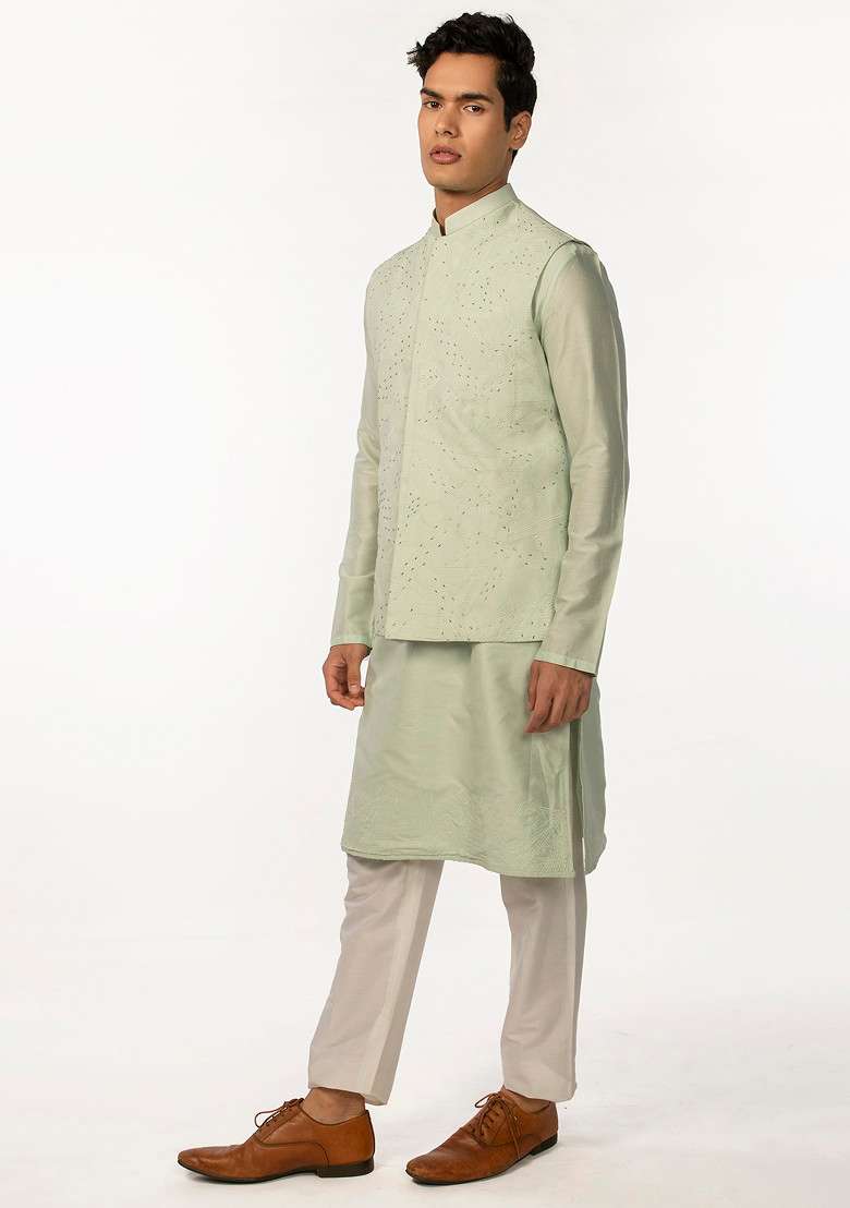 Green Embroidered Bundi Jacket And Kurta Set For Men - Indya