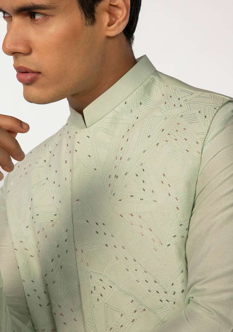Green Embroidered Bundi Jacket And Kurta Set For Men - Indya