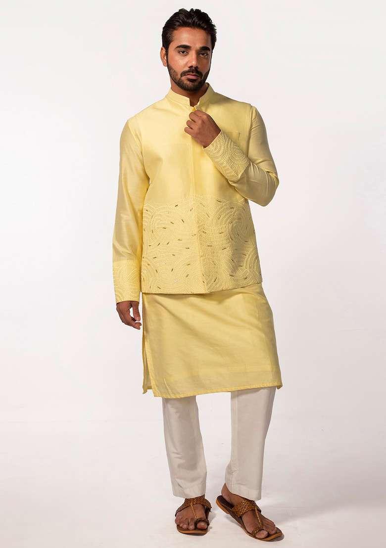 Yellow Embroidered Bundi Jacket And Kurta Set For Men - Indya