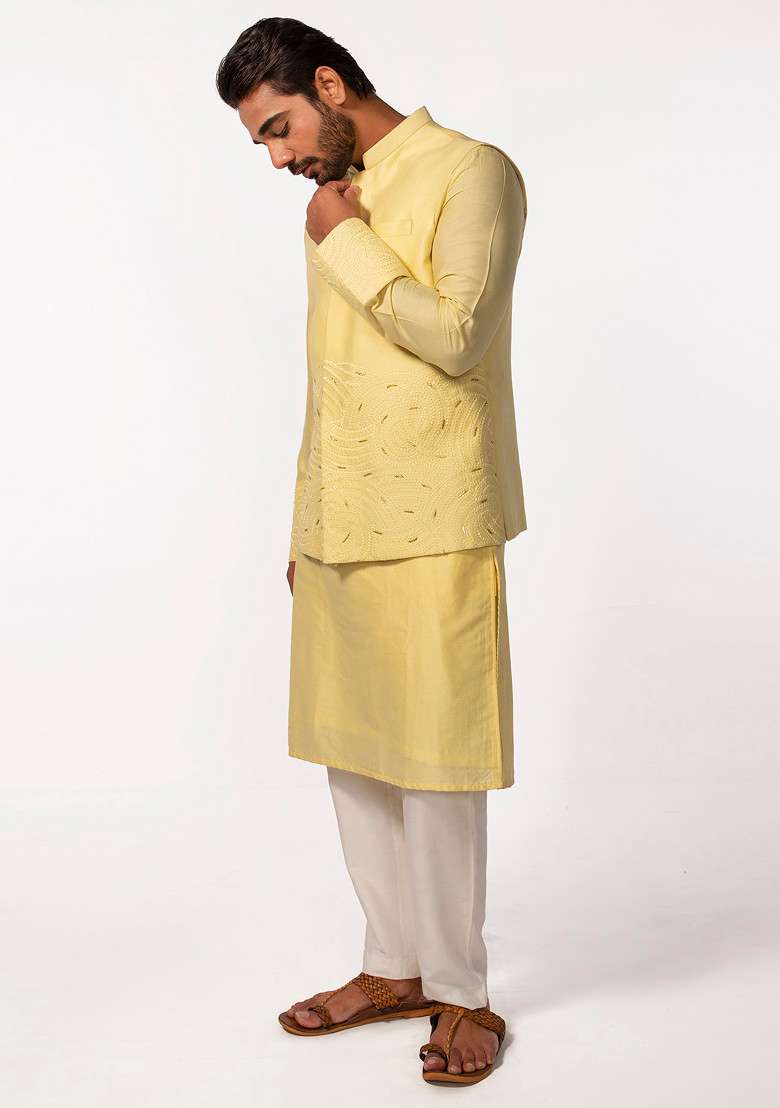 Yellow Embroidered Bundi Jacket And Kurta Set For Men - Indya