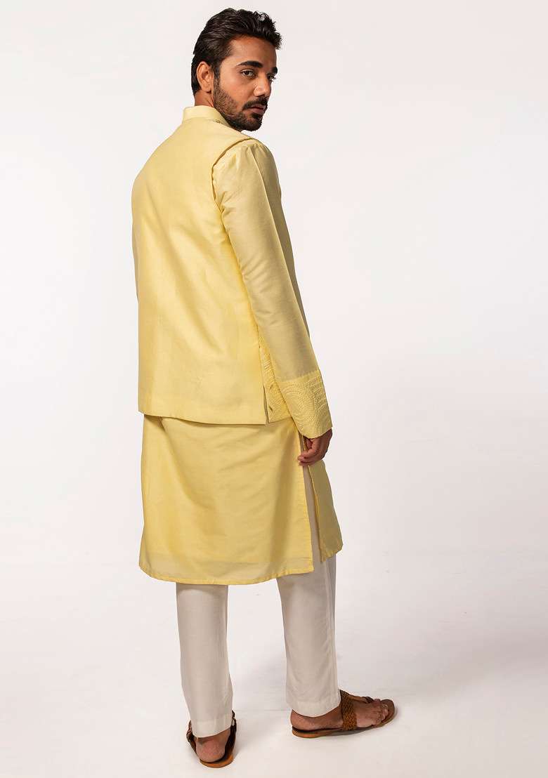 Yellow Embroidered Bundi Jacket And Kurta Set For Men - Indya