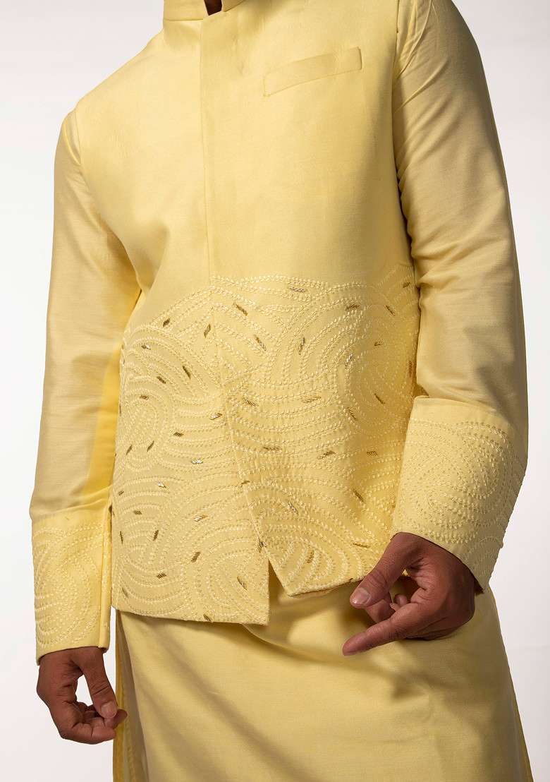 Yellow Embroidered Bundi Jacket And Kurta Set For Men - Indya