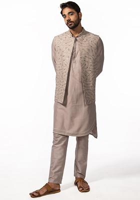 Mauve Embroidered Bundi Jacket And Kurta Set For Men