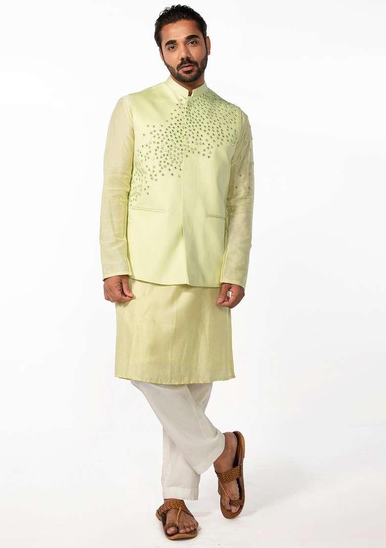 Mint Green Abstract Mirror Work Bundi Jacket And Kurta Set For Men - Indya