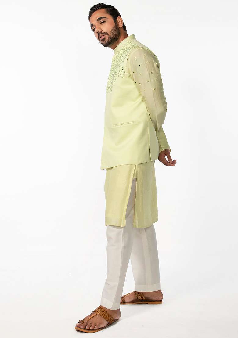 Mint Green Abstract Mirror Work Bundi Jacket And Kurta Set For Men - Indya