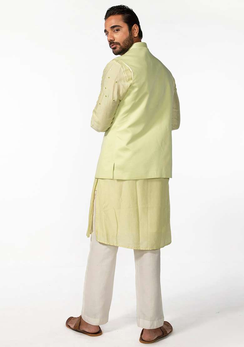 Mint Green Abstract Mirror Work Bundi Jacket And Kurta Set For Men - Indya