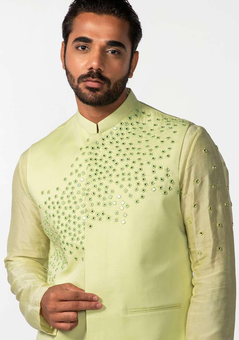Mint Green Abstract Mirror Work Bundi Jacket And Kurta Set For Men - Indya