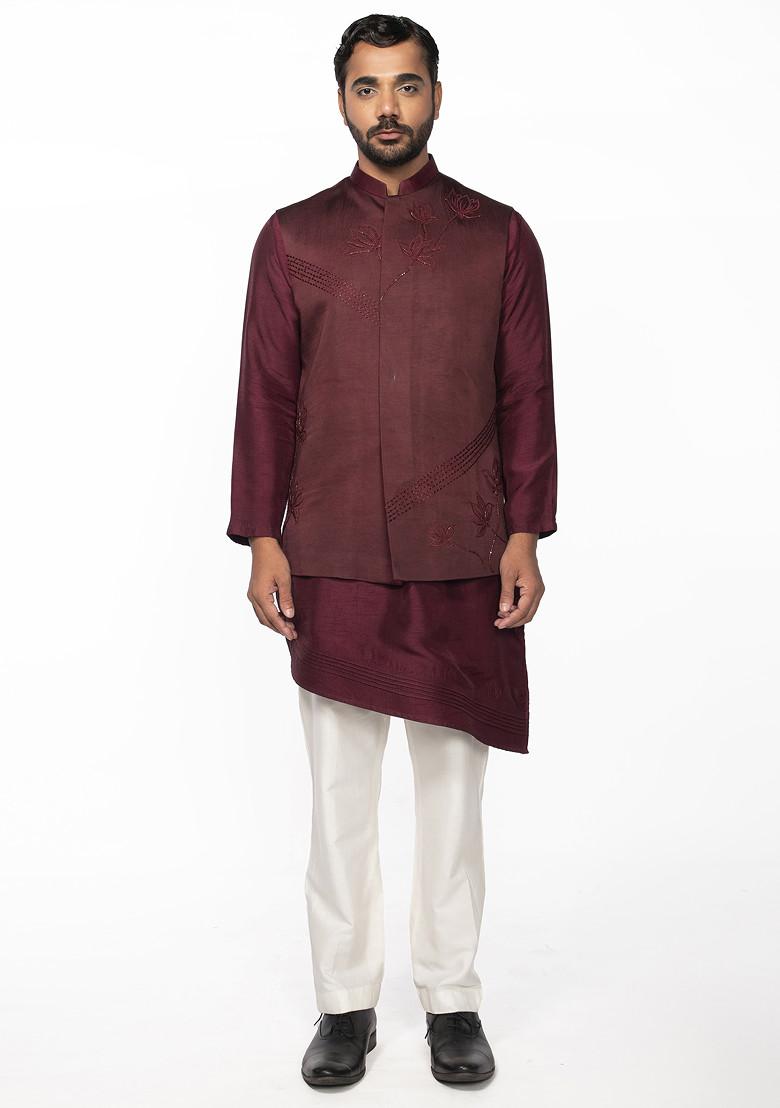 Wine Pintuck Lotus Bundi Jacket And Kurta Set For Men - Indya