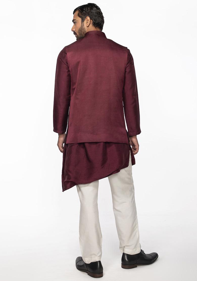 Wine Pintuck Lotus Bundi Jacket And Kurta Set For Men - Indya