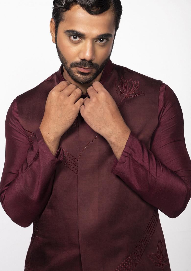 Wine Pintuck Lotus Bundi Jacket And Kurta Set For Men - Indya