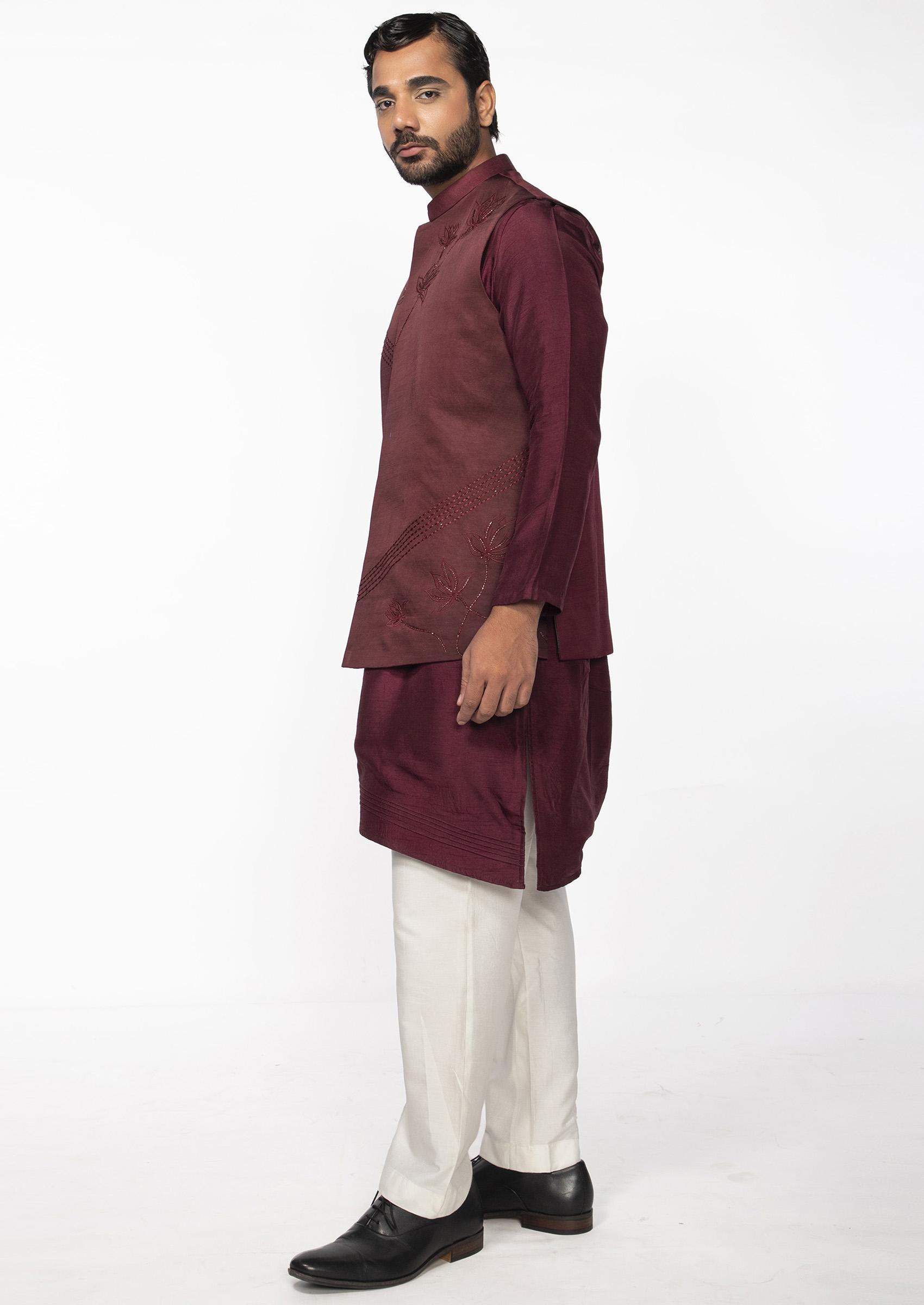 Wine Pintuck Lotus Bundi Jacket And Kurta Set For Men - Indya