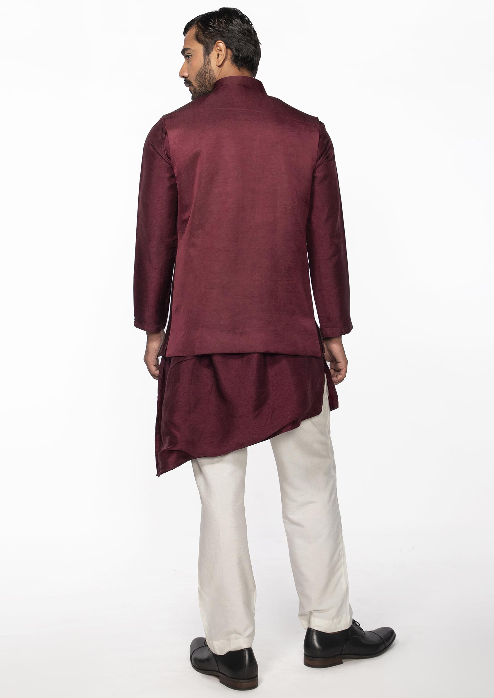Wine Pintuck Lotus Bundi Jacket And Kurta Set For Men - Indya