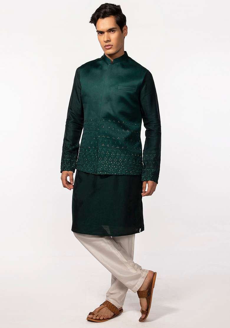 Bottle Green Embroidered Bundi Jacket And Kurta Set For Men - Indya