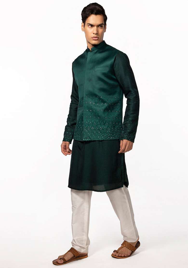 Bottle Green Embroidered Bundi Jacket And Kurta Set For Men - Indya