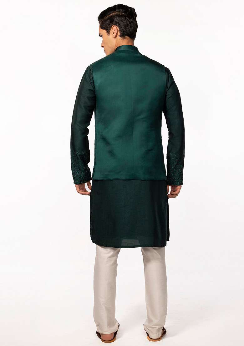 Bottle Green Embroidered Bundi Jacket And Kurta Set For Men - Indya