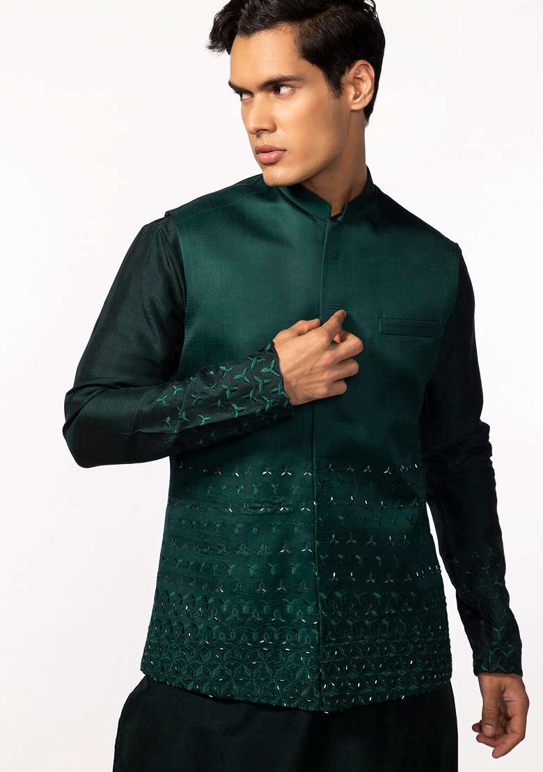 Bottle Green Embroidered Bundi Jacket And Kurta Set For Men - Indya