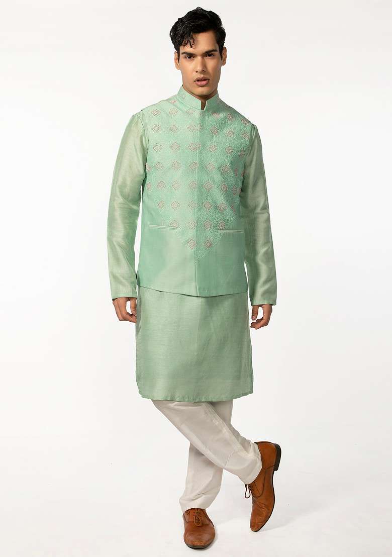 Sea Green Embroidered Bundi Jacket And Kurta Set For Men - Indya