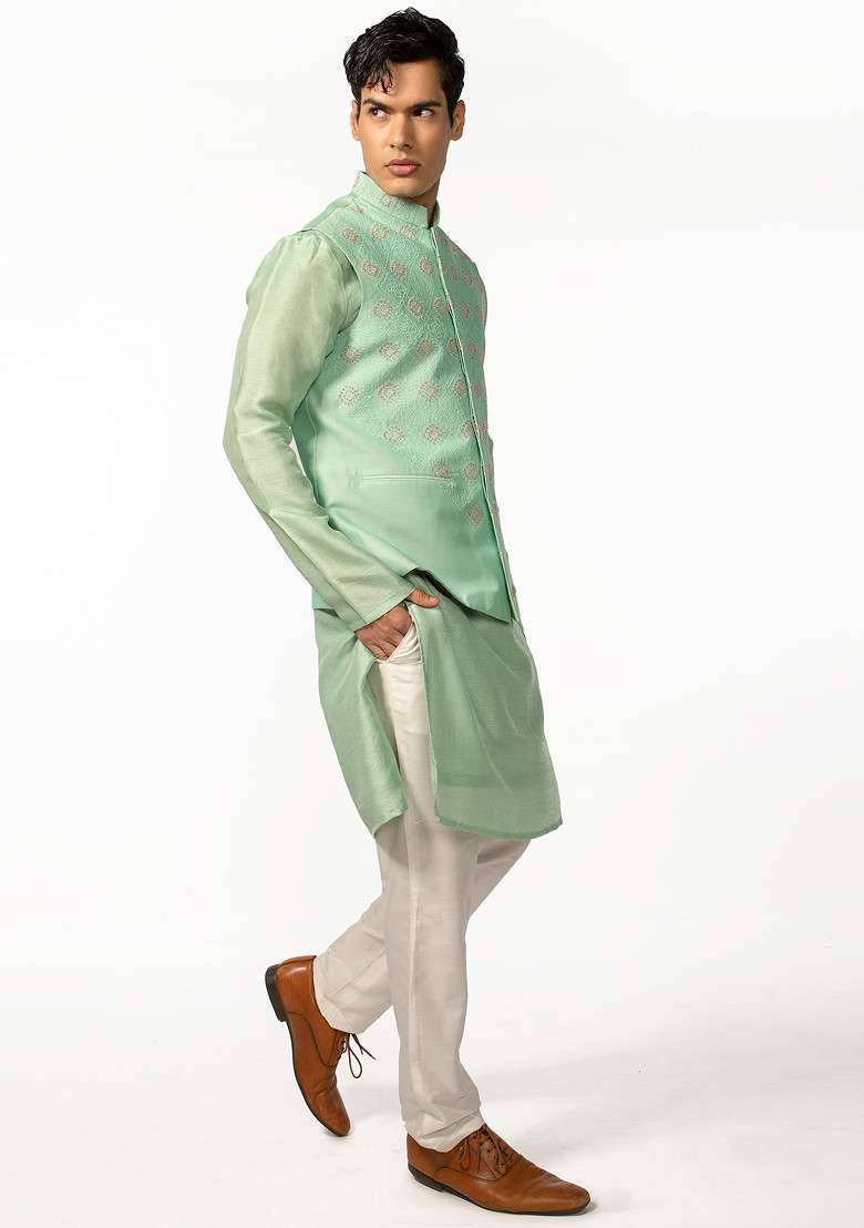Sea Green Embroidered Bundi Jacket And Kurta Set For Men - Indya