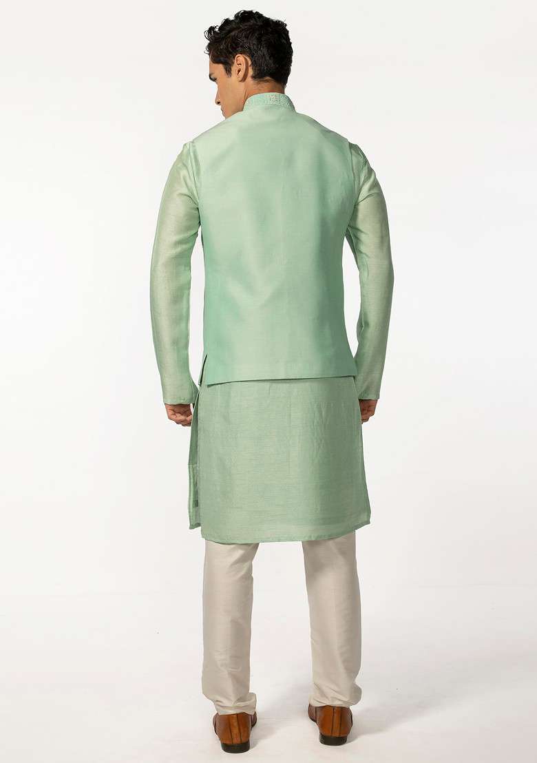 Sea Green Embroidered Bundi Jacket And Kurta Set For Men - Indya