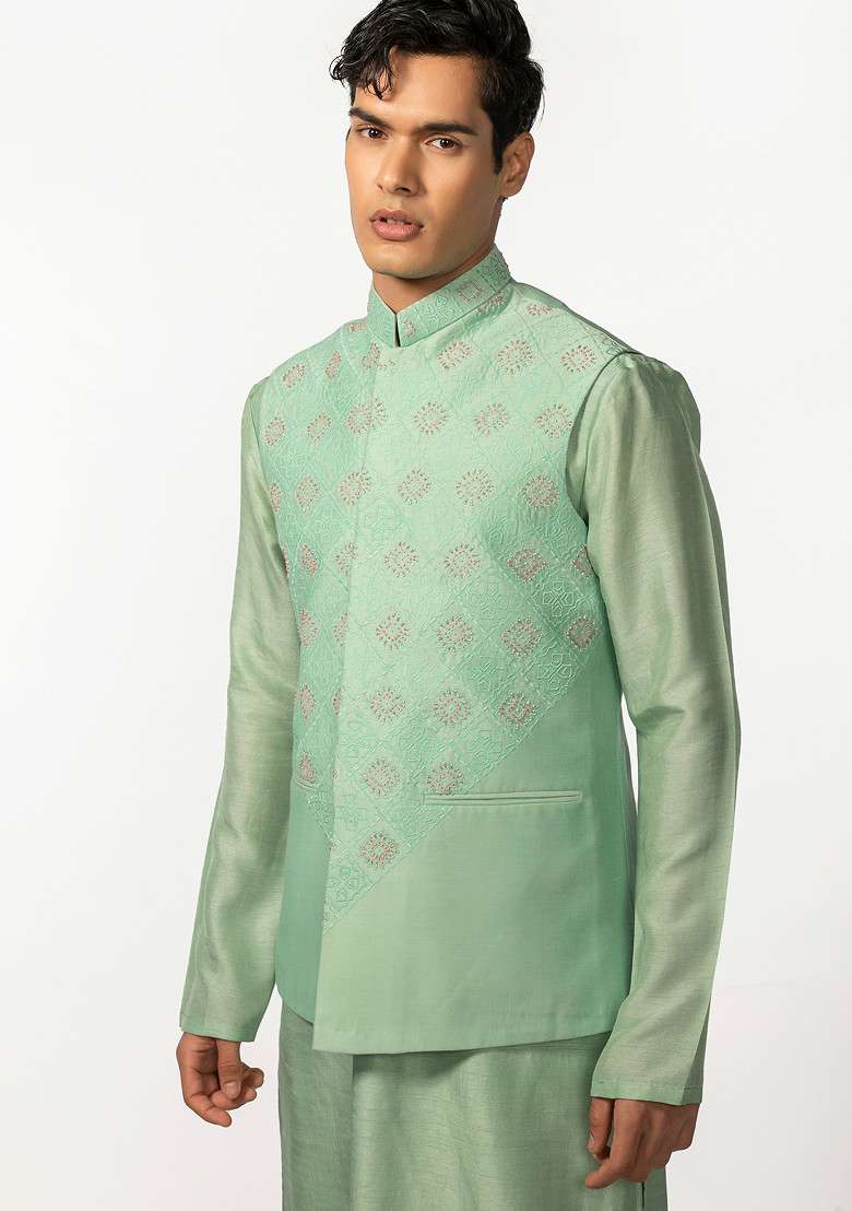 Sea Green Embroidered Bundi Jacket And Kurta Set For Men - Indya