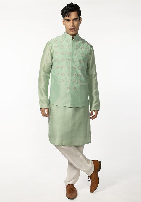 Sea Green Embroidered Bundi Jacket And Kurta Set For Men
