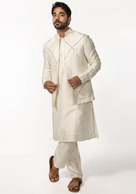 Ivory Embroidered Sleeve Mirror Work Bundi Jacket And Kurta Set For Men