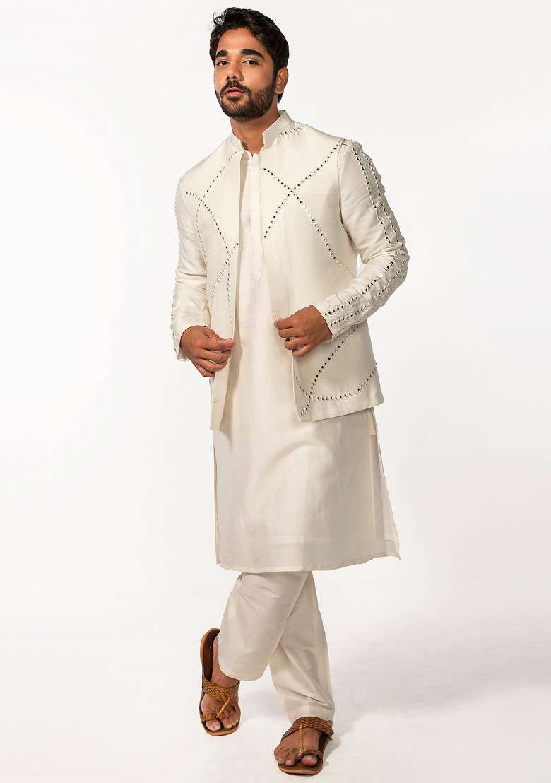 Ivory Embroidered Sleeve Mirror Work Bundi Jacket And Kurta Set For Men - Indya