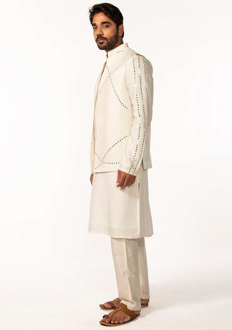 Ivory Embroidered Sleeve Mirror Work Bundi Jacket And Kurta Set For Men - Indya
