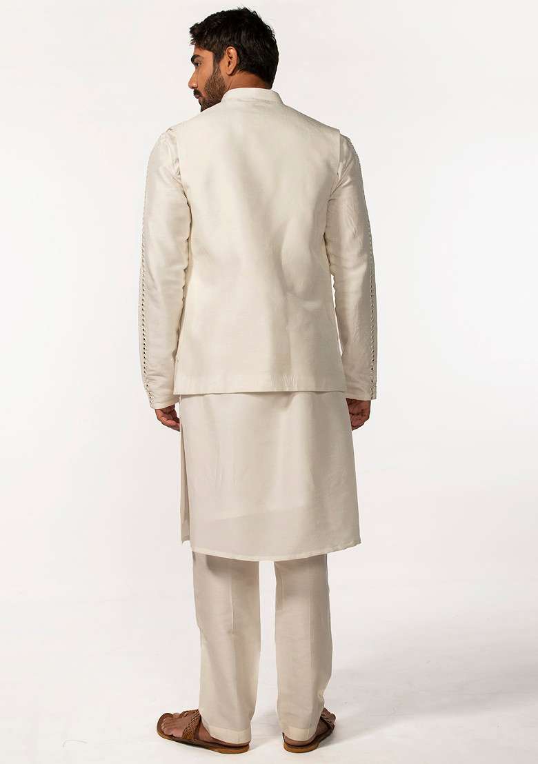 Ivory Embroidered Sleeve Mirror Work Bundi Jacket And Kurta Set For Men - Indya
