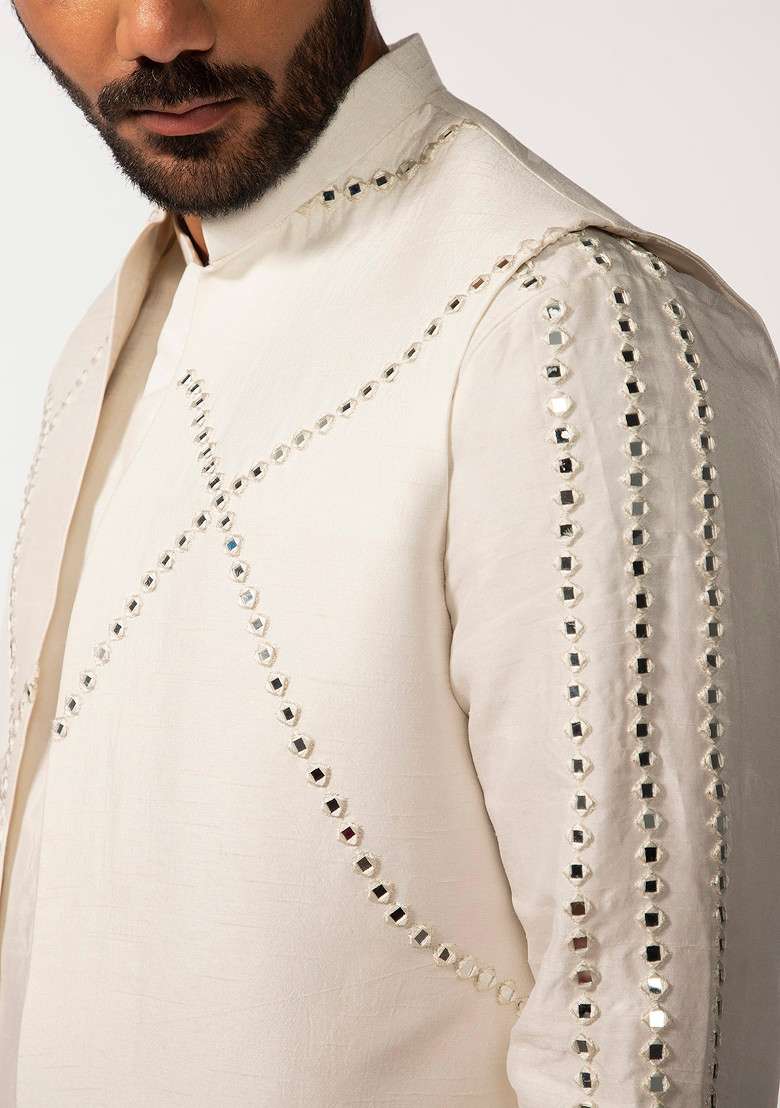 Ivory Embroidered Sleeve Mirror Work Bundi Jacket And Kurta Set For Men - Indya