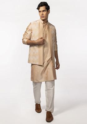 Rose Gold Pintuck Embroidered Bundi Jacket And Kurta Set For Men