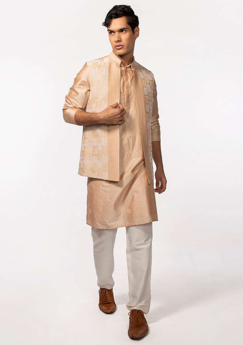 Rose Gold Pintuck Embroidered Bundi Jacket And Kurta Set For Men - Indya