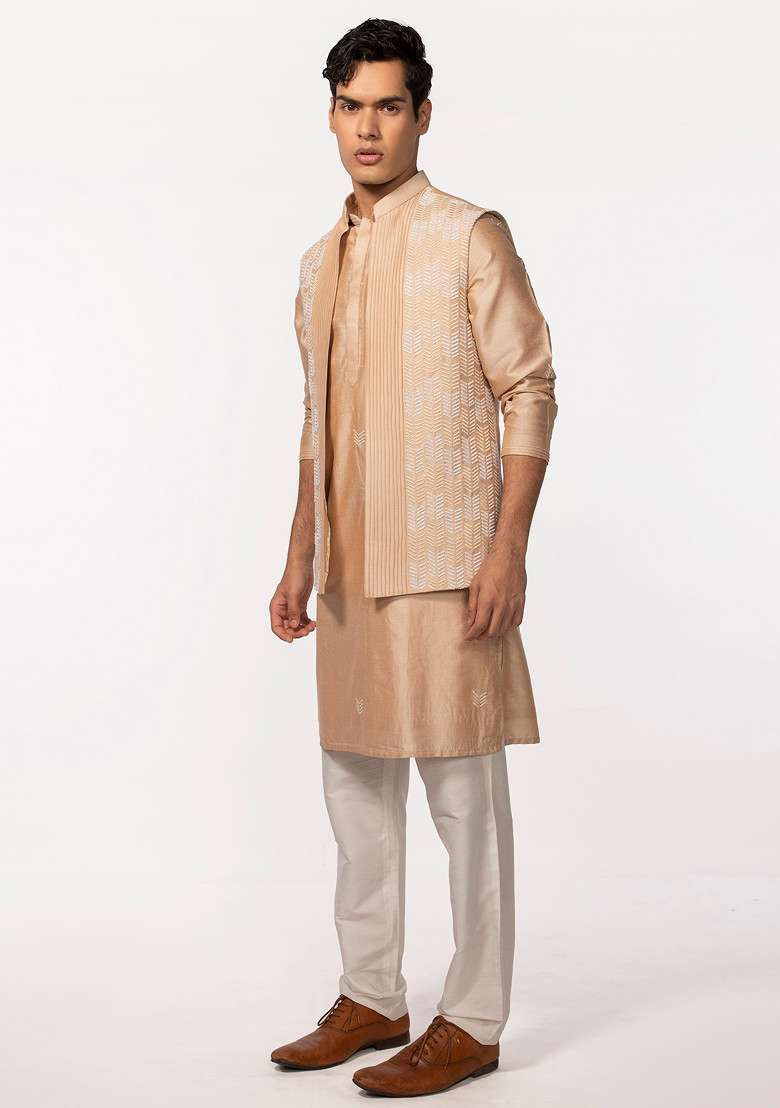 Rose Gold Pintuck Embroidered Bundi Jacket And Kurta Set For Men - Indya