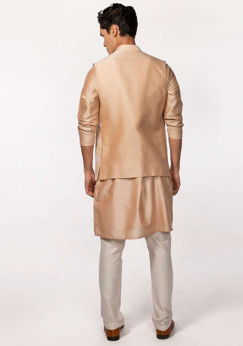 Rose Gold Pintuck Embroidered Bundi Jacket And Kurta Set For Men - Indya