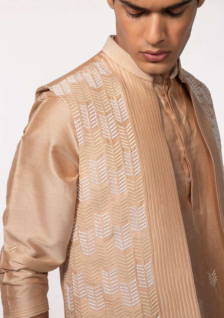 Rose Gold Pintuck Embroidered Bundi Jacket And Kurta Set For Men - Indya