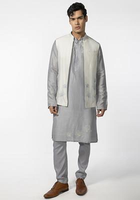 Cool Grey Lotus Bundi Jacket And Kurta Set For Men