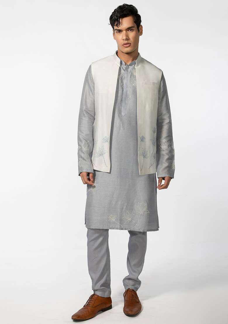 Cool Grey Lotus Bundi Jacket And Kurta Set For Men - Indya
