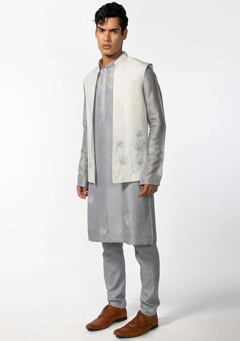 Cool Grey Lotus Bundi Jacket And Kurta Set For Men - Indya