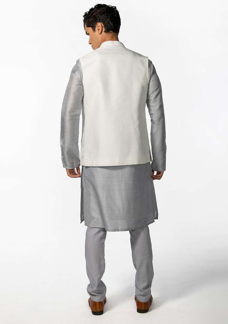 Cool Grey Lotus Bundi Jacket And Kurta Set For Men - Indya