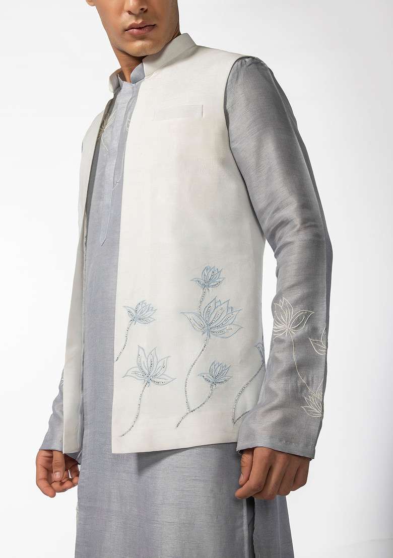 Cool Grey Lotus Bundi Jacket And Kurta Set For Men - Indya