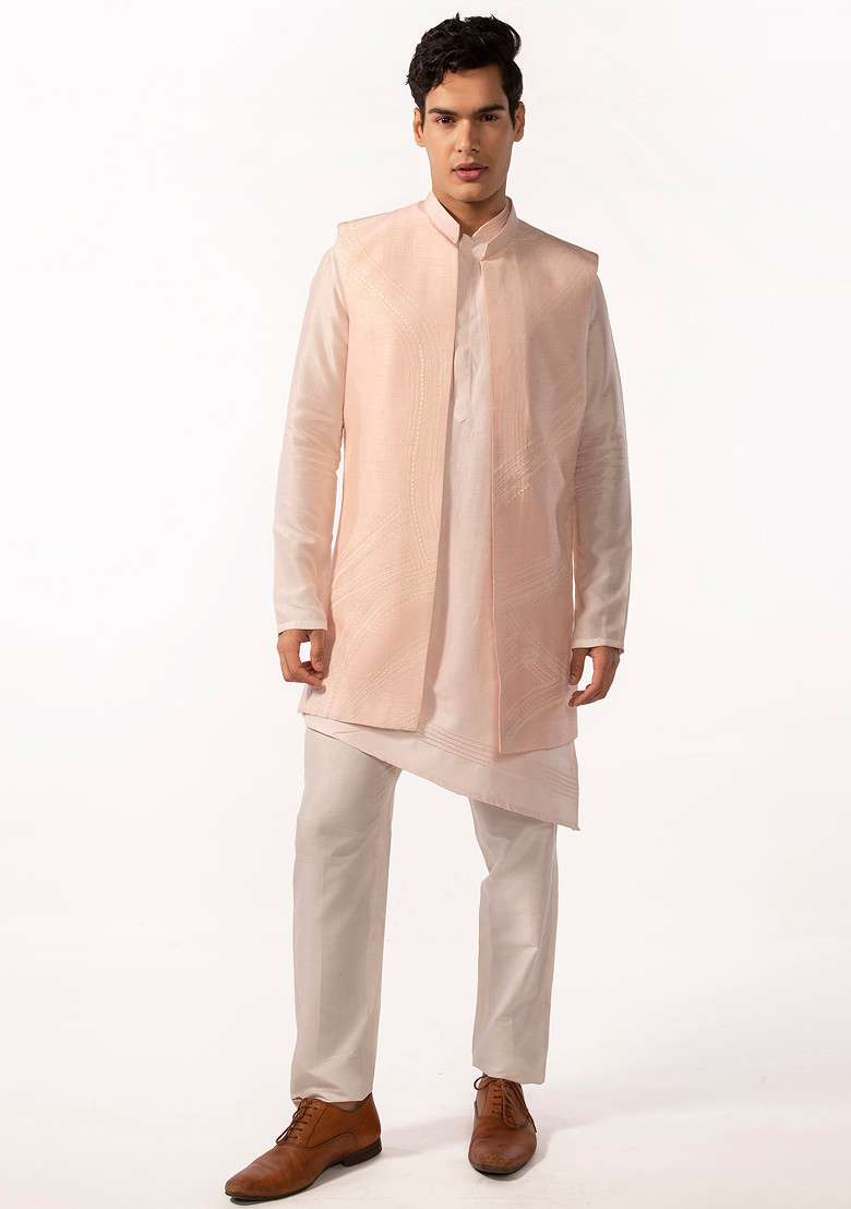 Pink Embroidered Pintuck Kurta Set For Men - Indya
