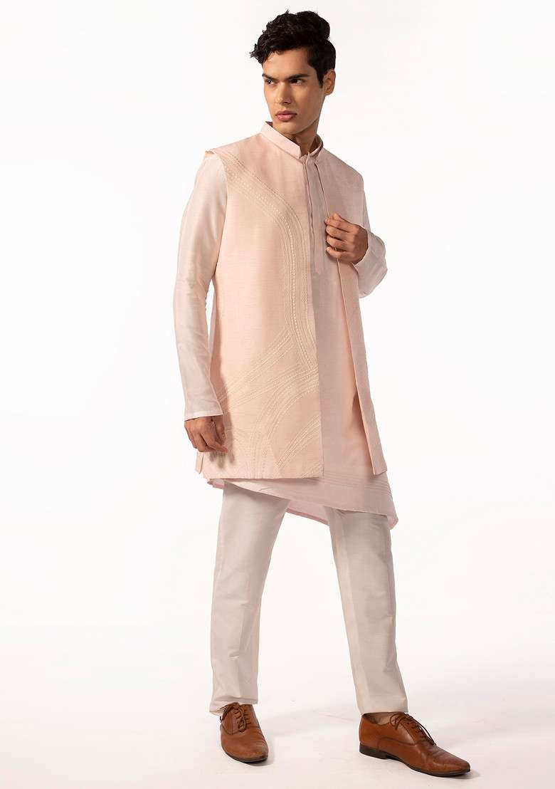 Pink Embroidered Pintuck Kurta Set For Men - Indya