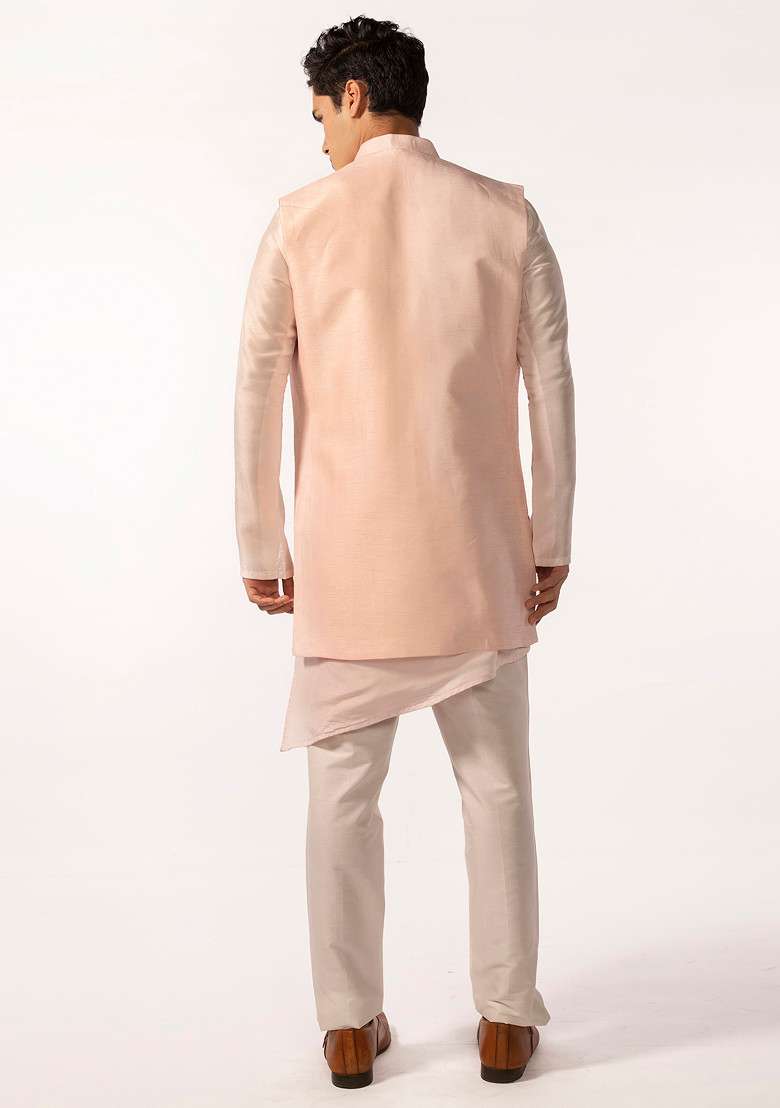 Pink Embroidered Pintuck Kurta Set For Men - Indya