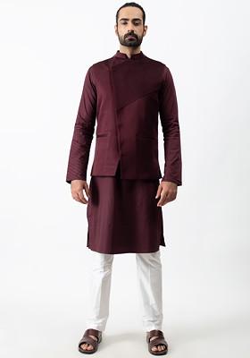 Wine Pintuck Bundi Jacket And Kurta Set For Men
