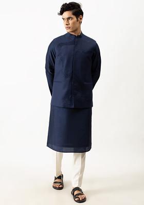Midnight Blue Bundi Jacket And Kurta Set For Men