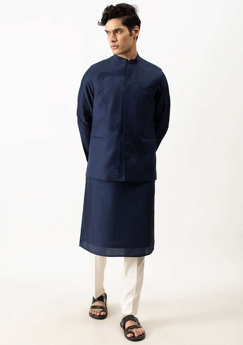 Midnight Blue Bundi Jacket And Kurta Set For Men - Indya