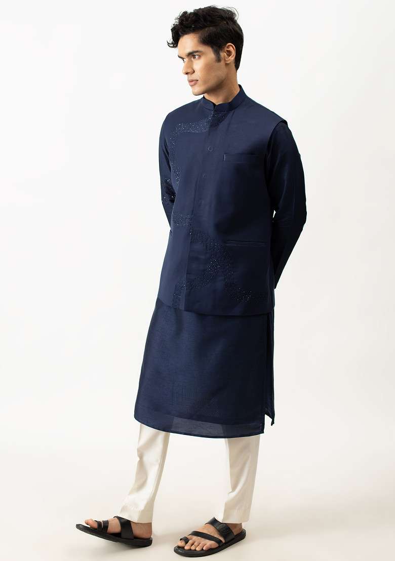 Midnight Blue Bundi Jacket And Kurta Set For Men - Indya