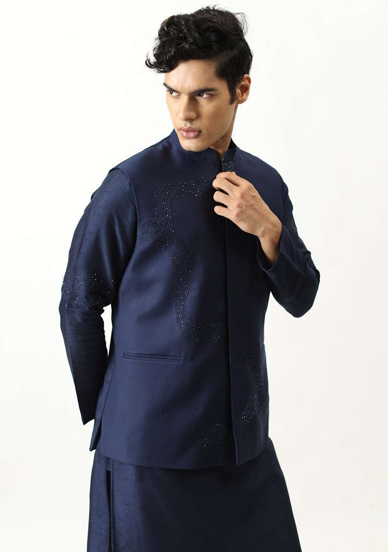 Midnight Blue Bundi Jacket And Kurta Set For Men - Indya